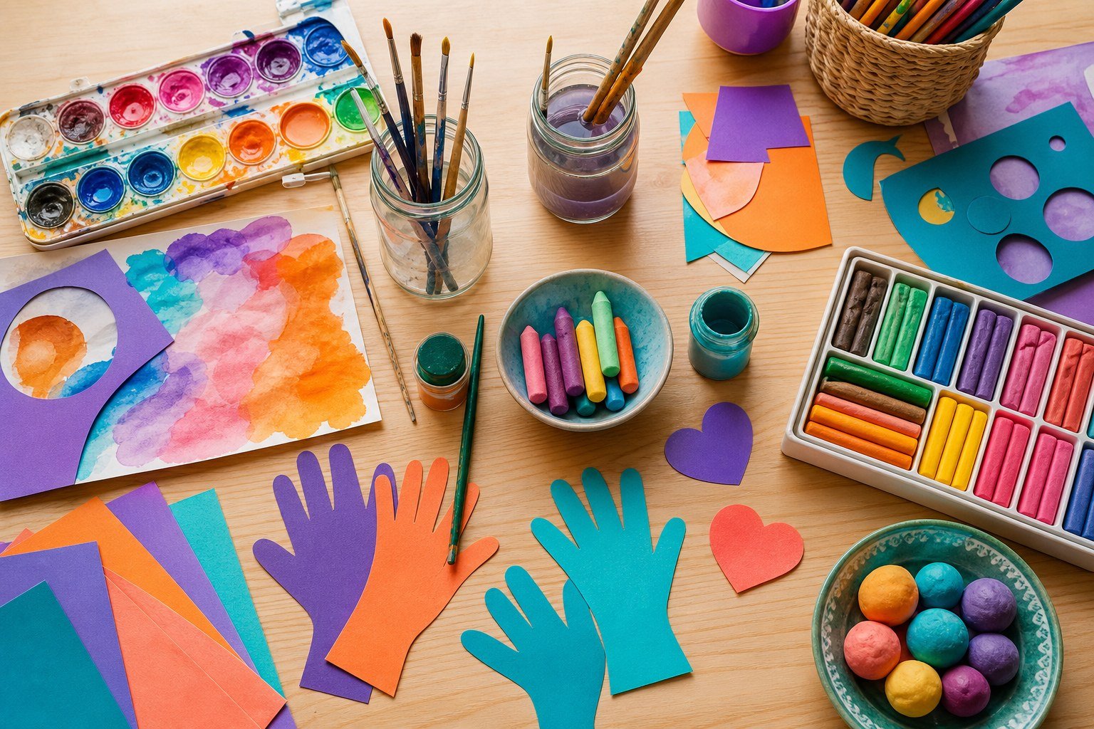 Watercolors, brushes, crayons, and colorful paper art materials