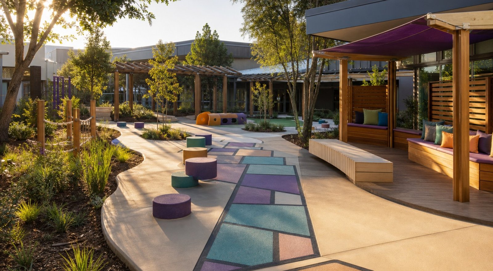 Empty landscaped school courtyard with play and reading areas