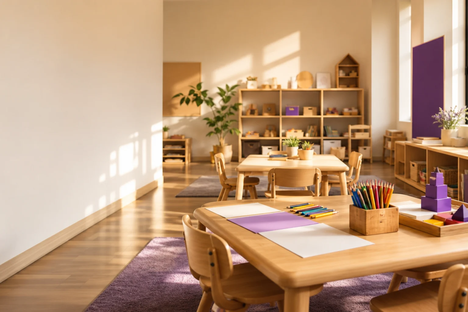 Empty classroom prepared with tables, chairs, crayons, and learning blocks