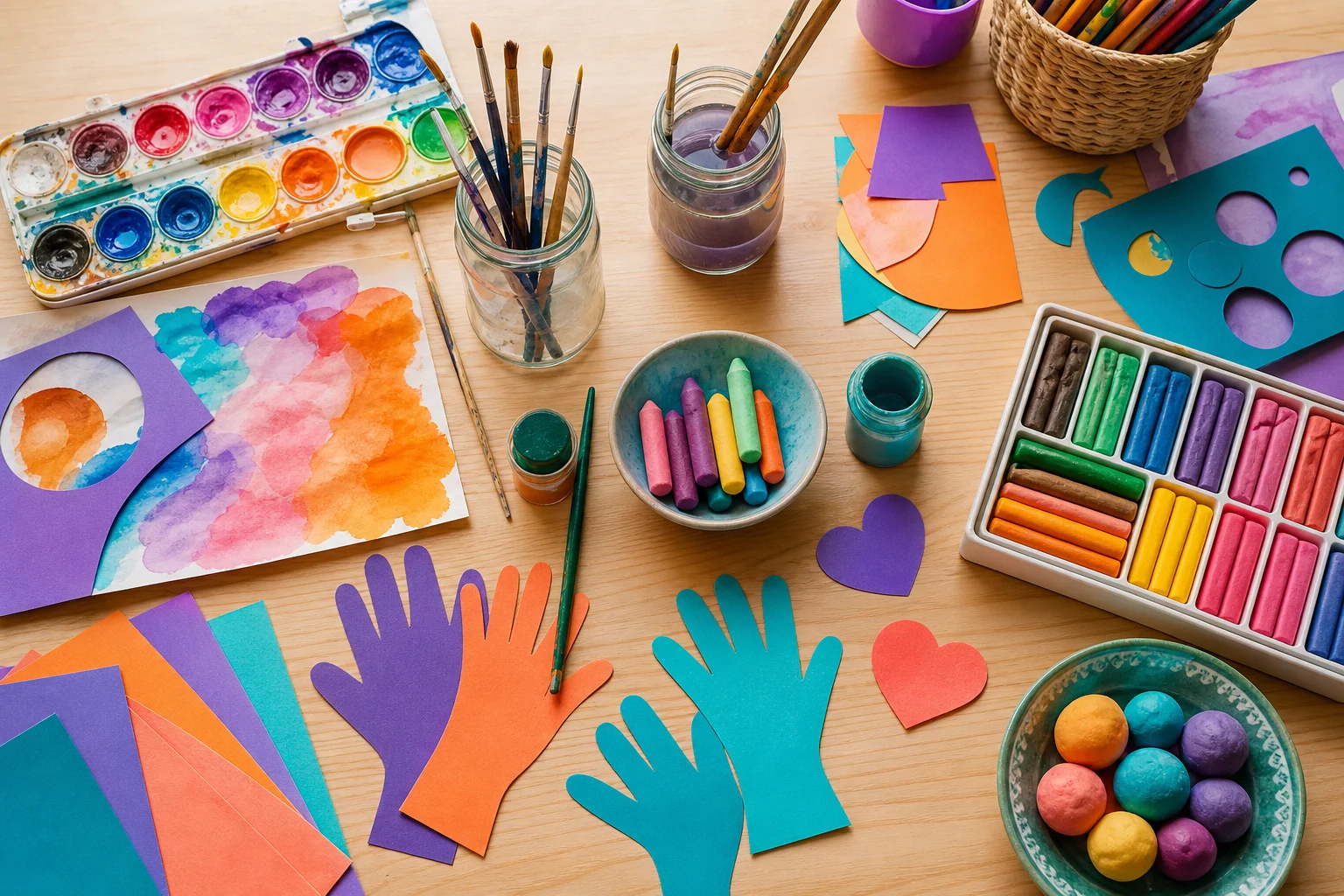 Colorful art supplies and paper cutouts arranged on a classroom table