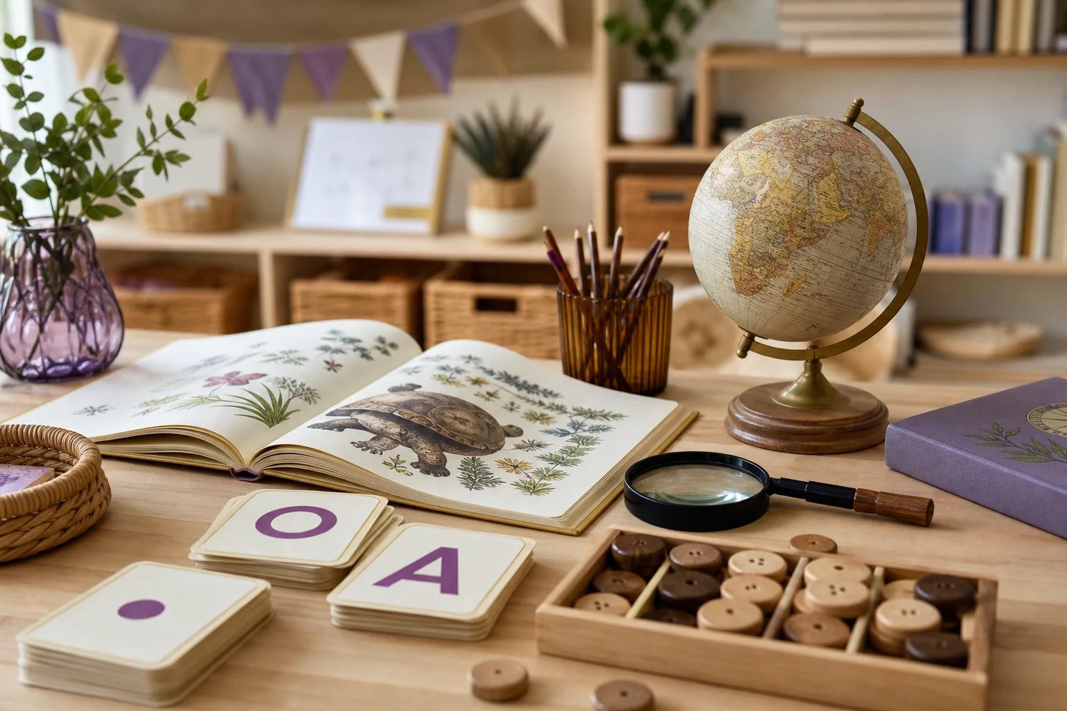 Reading and discovery materials arranged on a classroom table
